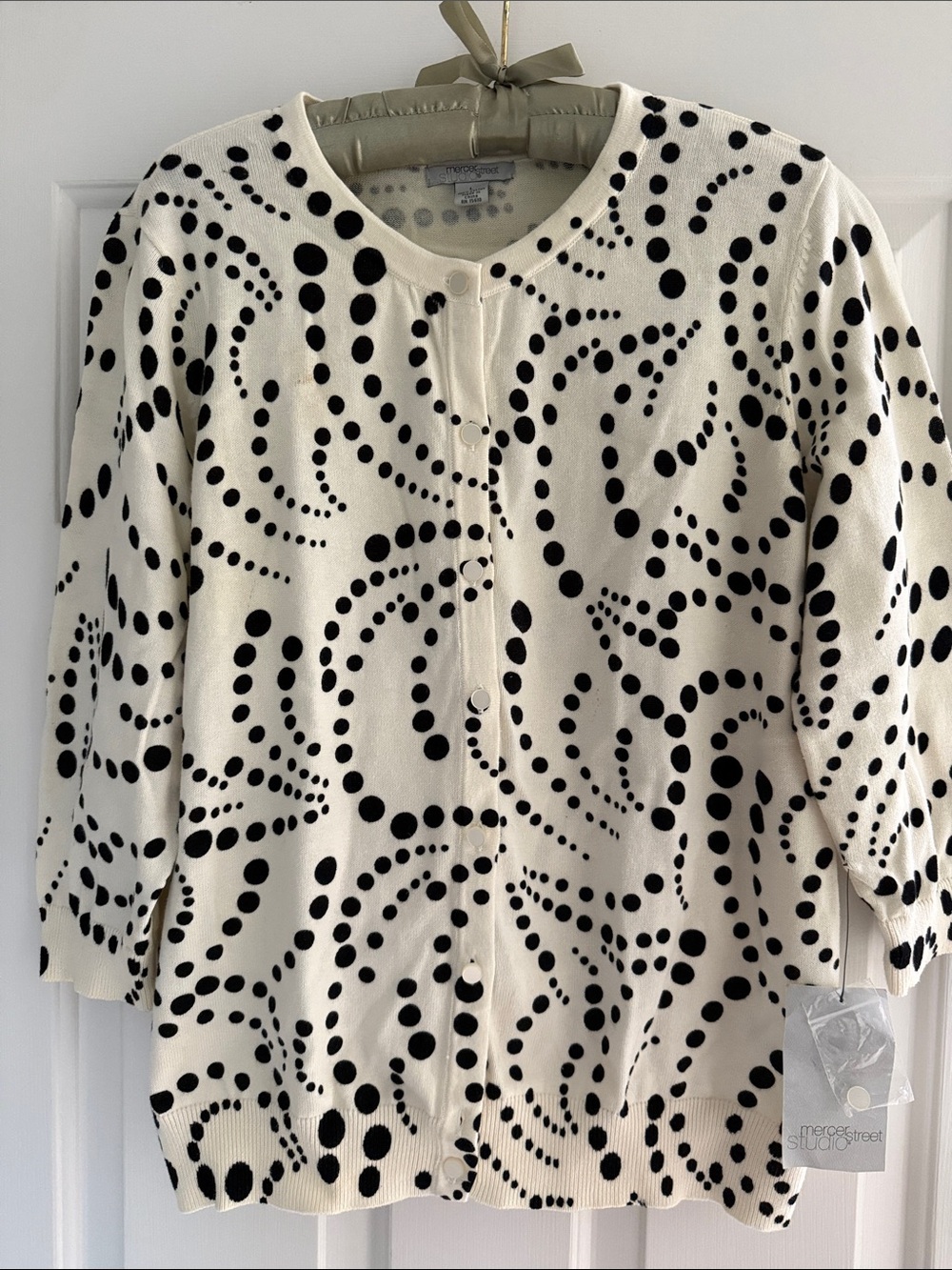 Mercer Street Studio Ivory Button Cardigan w/Black Dot Swirl Pattern - Size L